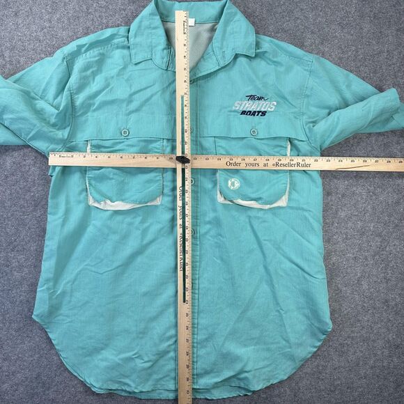 Stratos Boats Fishing Shirt Mens L Teal Vented 10X Short Sleeve Button Up Vtg - Picture 6 of 10